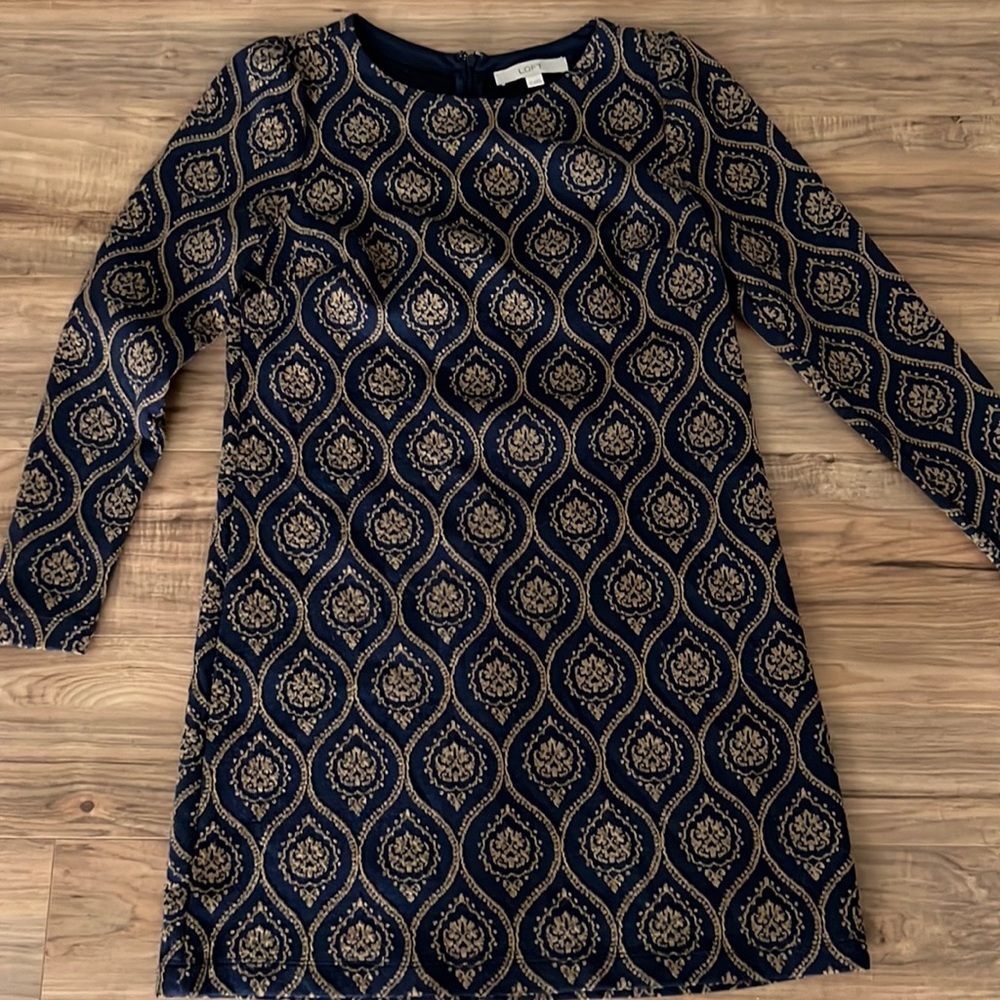 Loft: MEDALLION JACQUARD PUFF SLEEVE SHIFT DRESS, SZ 4, Blue